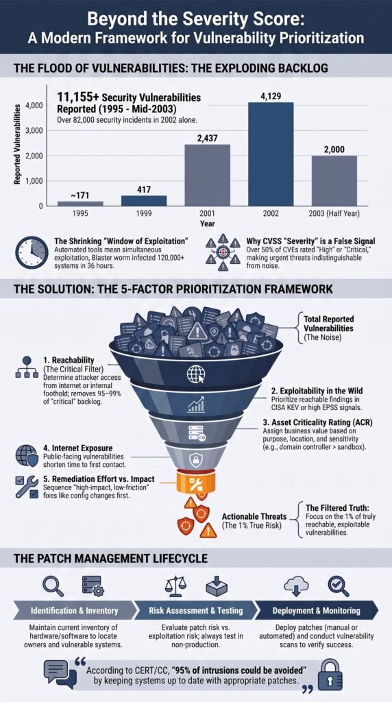 Asset Management & Vulnerability Context infographic on the 5-factor vulnerability prioritization framework