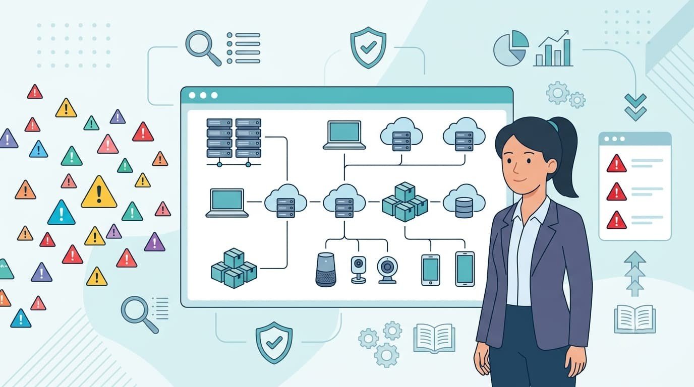 Asset Management & Vulnerability Context concept showing network mapping amid scattered vulnerability alerts