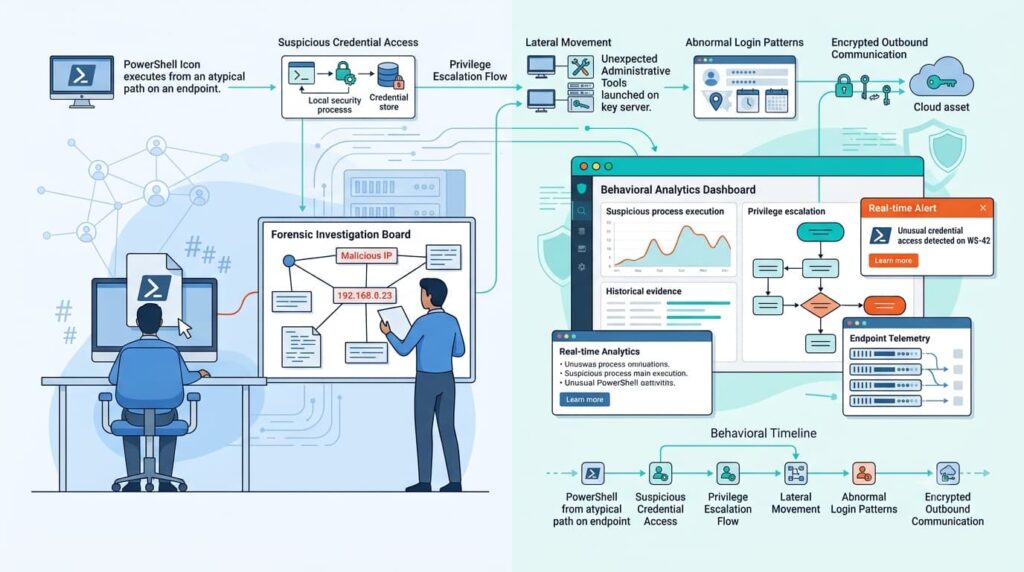 Indicators of Compromise (IoCs) vs. IoAs highlighted in a credential access and lateral movement attack timeline.
