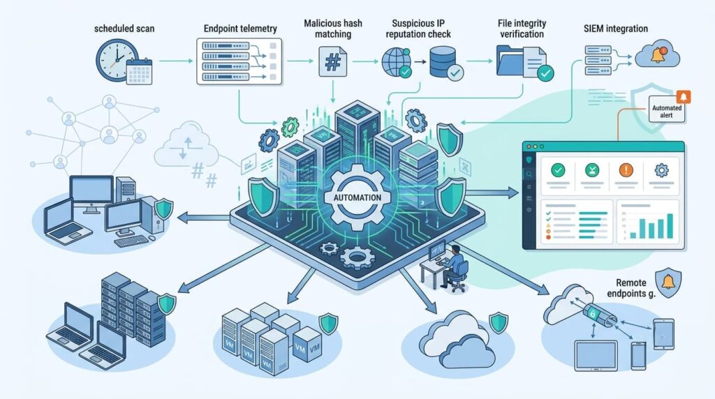 Indicators of Compromise (IoCs) vs. IoAs illustrated via automated scanning, hash matching, and SIEM integration.