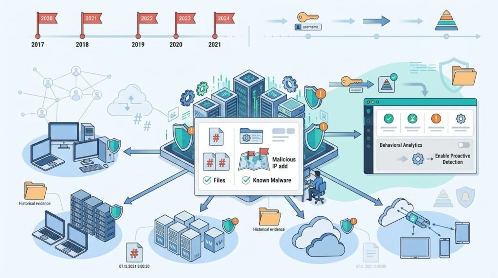 Indicators of Compromise (IoCs) vs. IoAs mapped across a multi-year threat detection and automation timeline.