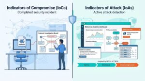 Indicators of Compromise (IoCs) vs. IoAs comparing forensic evidence boards with live behavioral analytics dashboards.