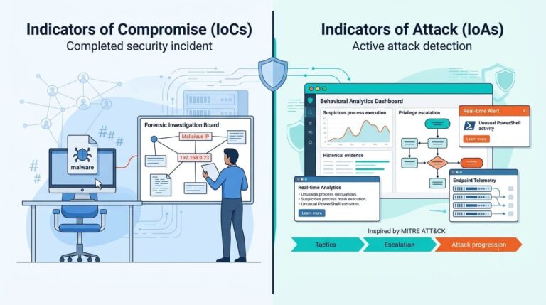 Indicators of Compromise (IoCs) vs. IoAs comparing forensic evidence boards with live behavioral analytics dashboards.
