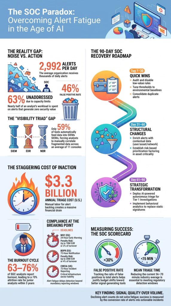 Indicators of Compromise (IoCs) vs. IoAs infographic detailing SOC alert fatigue statistics and recovery strategies.