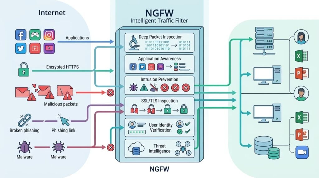NGFW illustrating Network Infrastructure and Controls for deep packet inspection and threat filtering.