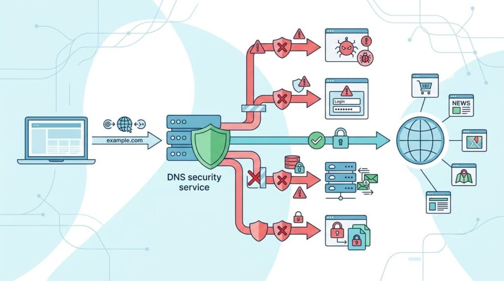 Diagram of DNS security service blocking threats as part of Network Infrastructure and Controls.