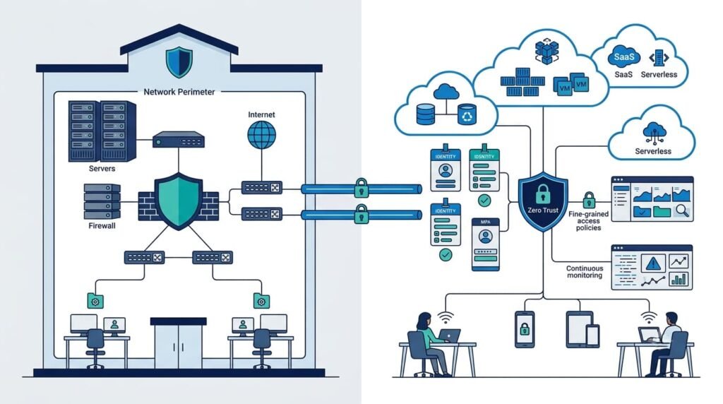 Network Infrastructure and Controls comparing legacy perimeter defense with Zero Trust cloud access.