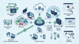Secure core hub showing Network Infrastructure and Controls across firewall, VPN, and endpoint security.