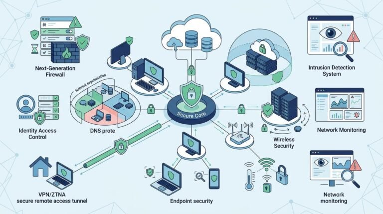 Secure core hub showing Network Infrastructure and Controls across firewall, VPN, and endpoint security.