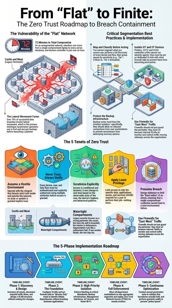 Zero Trust roadmap infographic outlining Network Infrastructure and Controls for breach containment strategy.