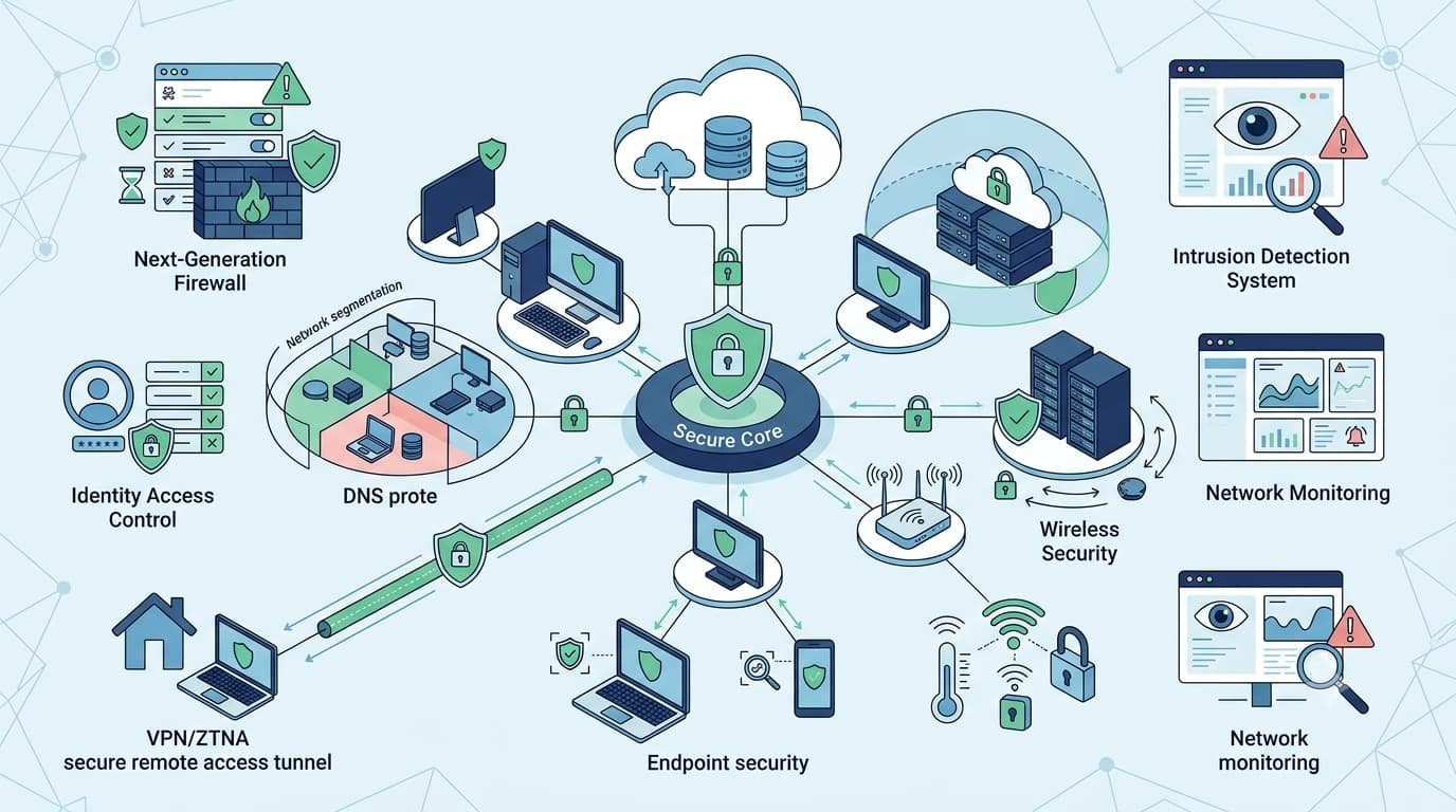 Secure core hub showing Network Infrastructure and Controls across firewall, VPN, and endpoint security.