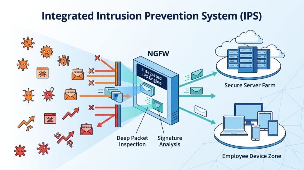 Next-Generation Firewalls (NGFW) Features stopping malware and phishing threats before reaching servers and devices
