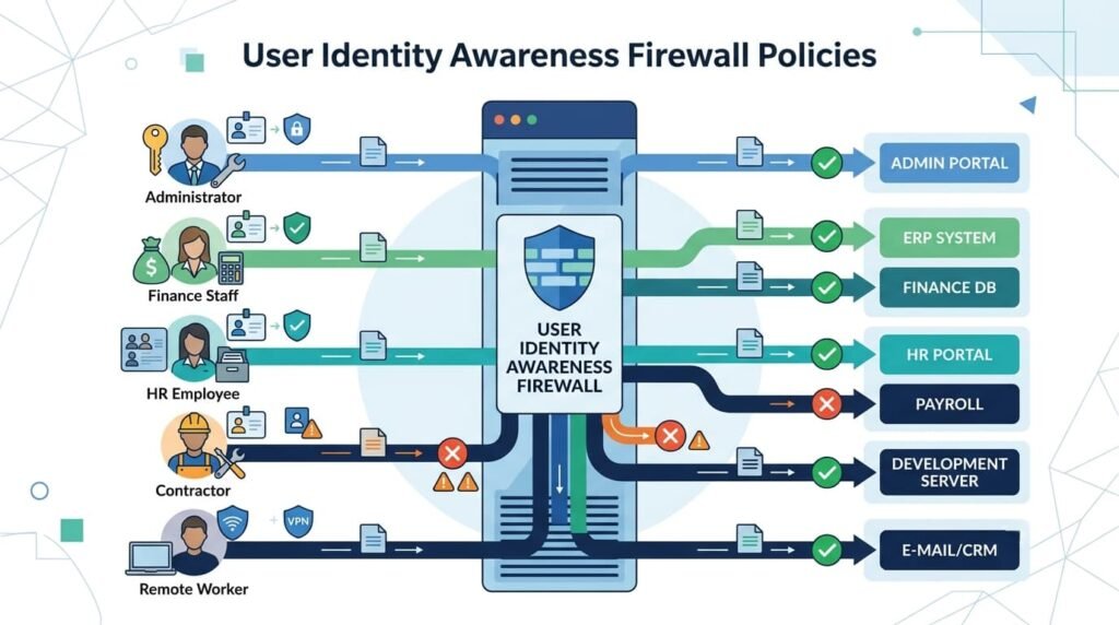 Next-Generation Firewalls (NGFW) Features enforcing role-based access across admin, finance, and HR systems