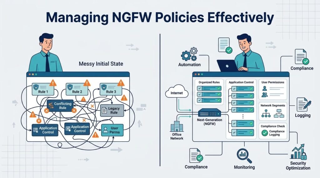 Next-Generation Firewalls (NGFW) Features simplifying rule automation, compliance logging, and network segmentation