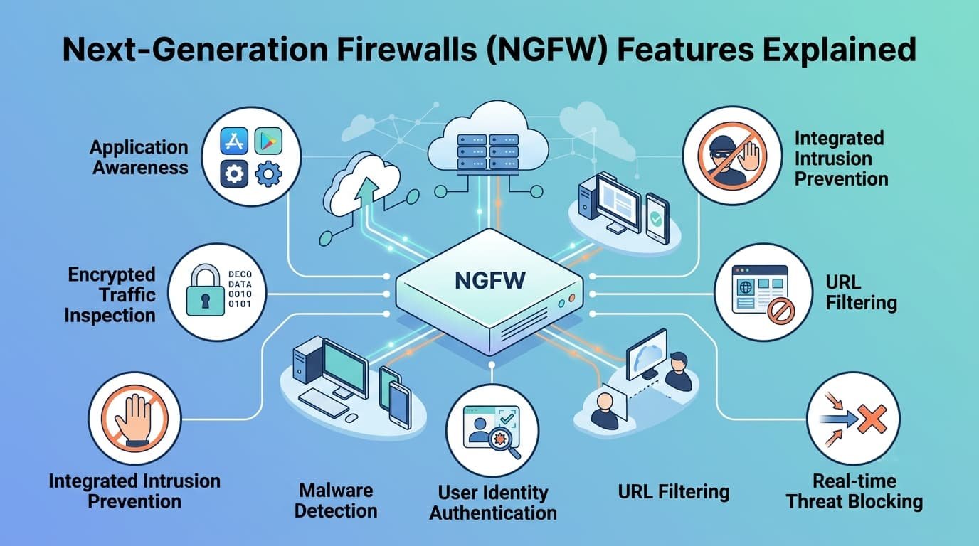 Next-Generation Firewalls (NGFW) Features including URL filtering, malware detection, and real-time threat blocking