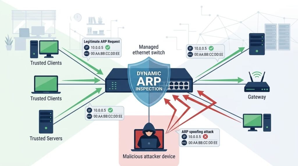 Dynamic ARP inspection blocking spoofing attacks, a core layer in Router and Switch Security Best Practices.