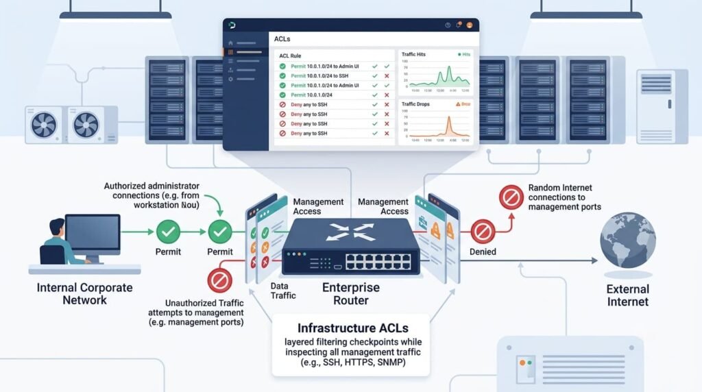 Infrastructure ACLs filtering unauthorized traffic — key part of Router and Switch Security Best Practices.
