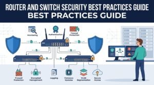 Visual guide covering firewall, VLANs, and encryption for Router and Switch Security Best Practices.