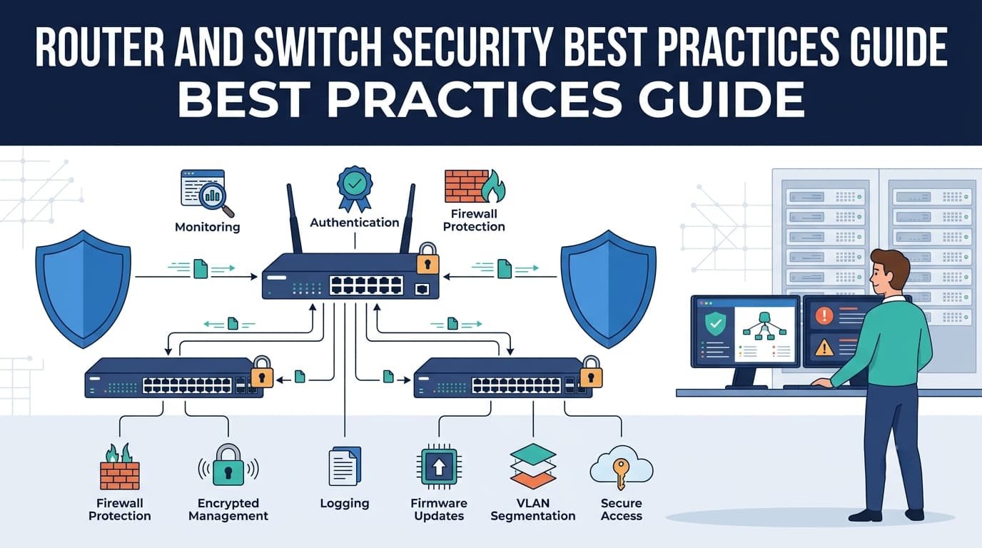Visual guide covering firewall, VLANs, and encryption for Router and Switch Security Best Practices.