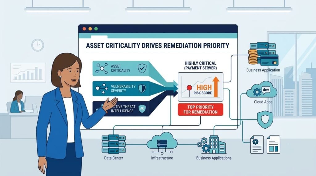 Analyst explains Threat Prioritization and Risk Scoring flow highlighting a payment server as top remediation priority.