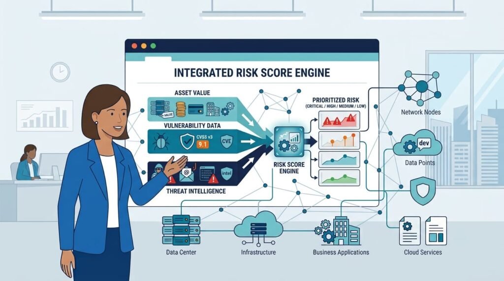 Woman presents Threat Prioritization and Risk Scoring dashboard combining asset value, vulnerabilities, and threat data.
