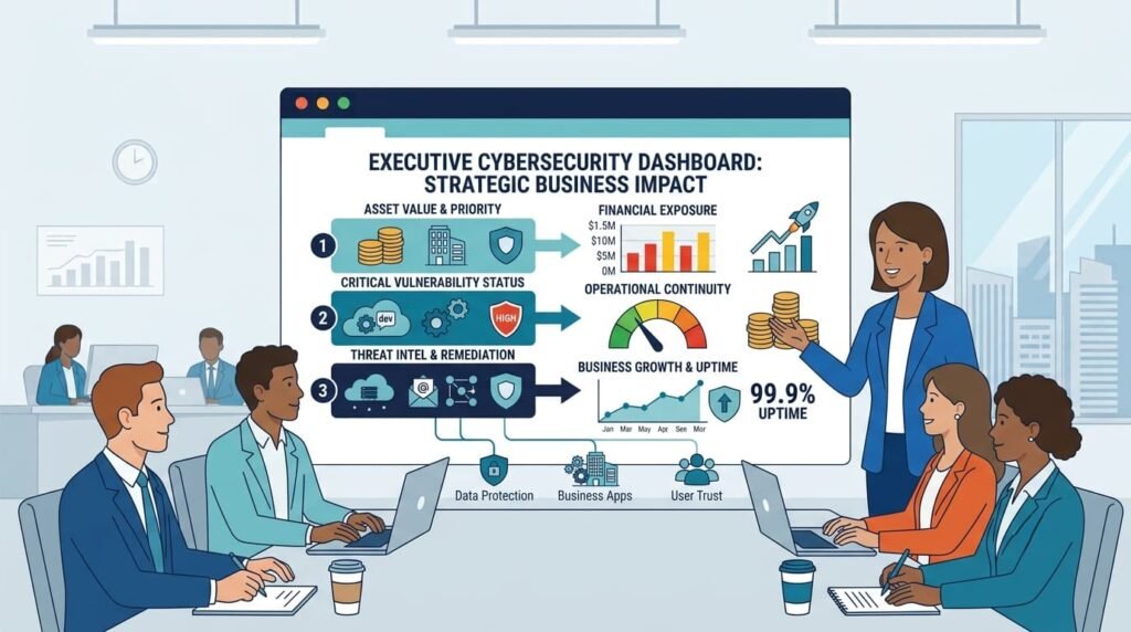 Executives review Threat Prioritization and Risk Scoring metrics linked to financial exposure and business continuity.