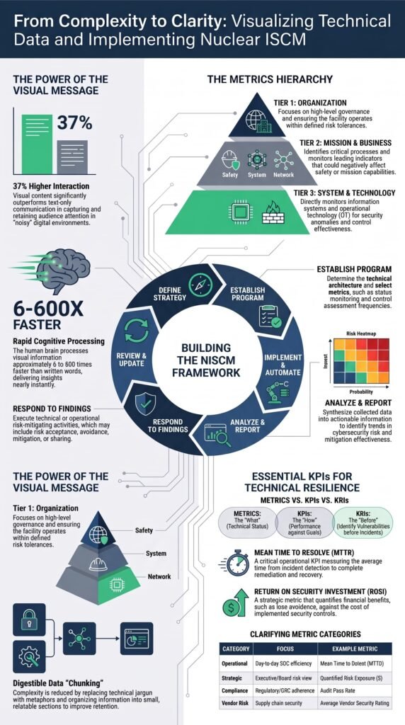Infographic detailing Threat Prioritization and Risk Scoring within a nuclear ISCM metrics and workflow framework.