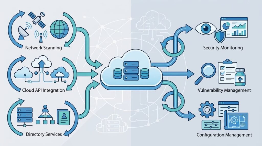 Data flow diagram showing automating asset discovery classification via network scanning, cloud API integration, and directory services into centralized management.