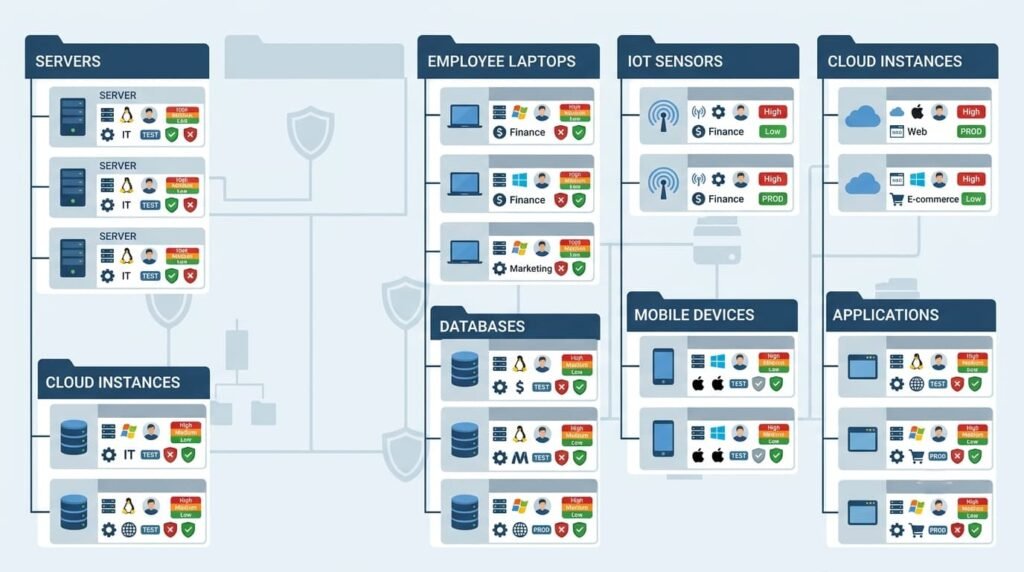 Detailed asset inventory grid showing automating asset discovery classification across servers, databases, laptops, IoT sensors, and cloud instances.