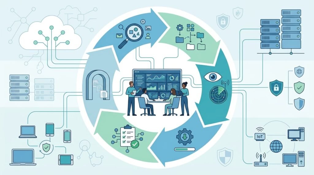 A cyclic workflow diagram illustrating automating asset discovery classification across cloud, IoT, and endpoint security systems.