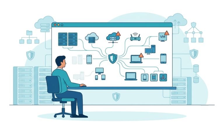IT professional monitoring a security dashboard demonstrating automating asset discovery classification across servers, VMs, cloud, and mobile devices.