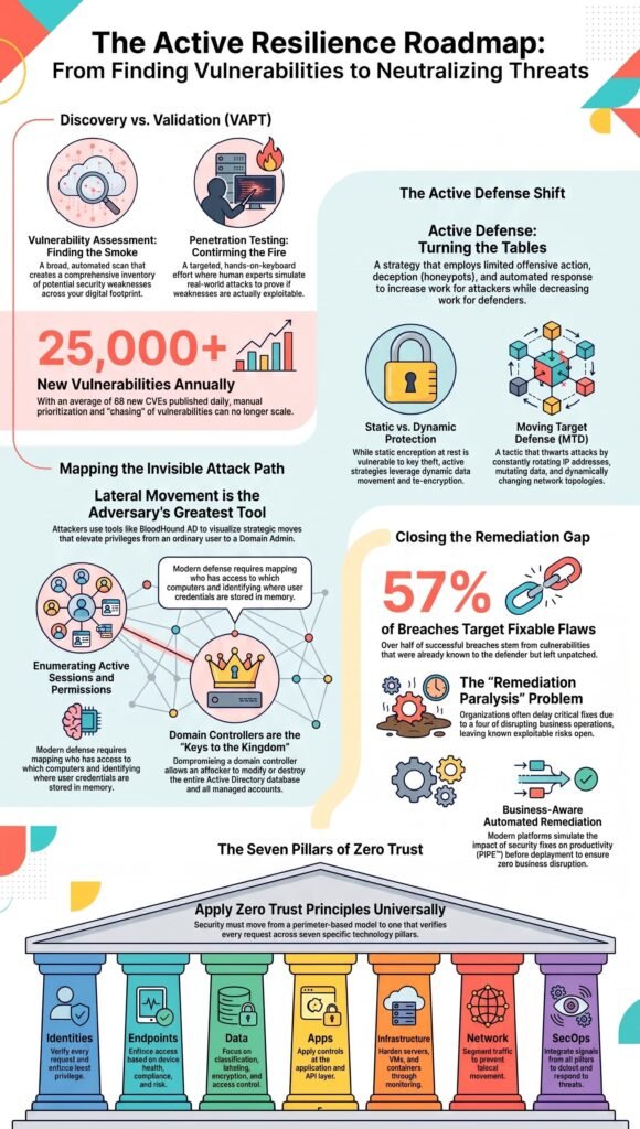 Active resilience roadmap infographic covering automating asset discovery classification, VAPT, zero trust pillars, and vulnerability remediation strategies.