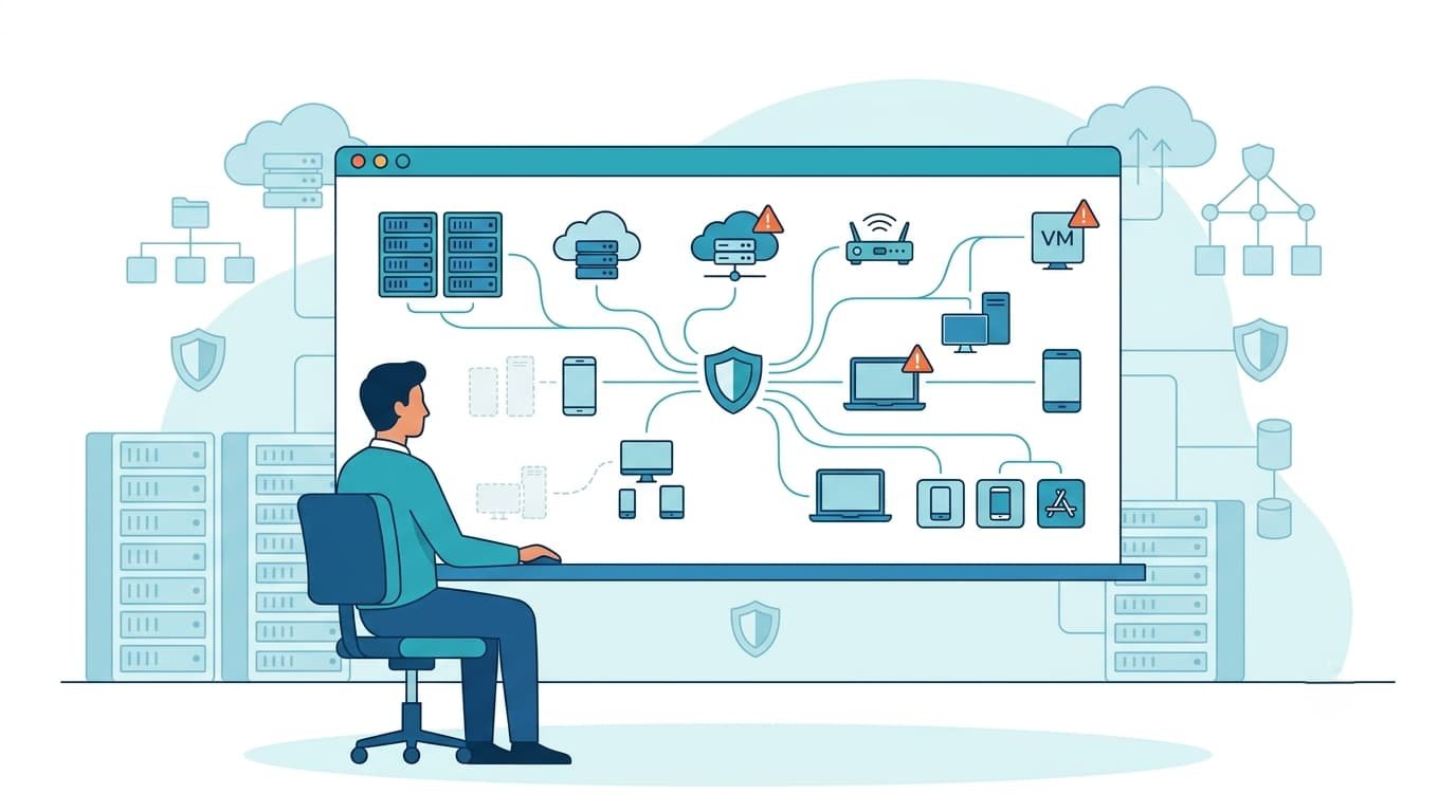 IT professional monitoring a security dashboard demonstrating automating asset discovery classification across servers, VMs, cloud, and mobile devices.