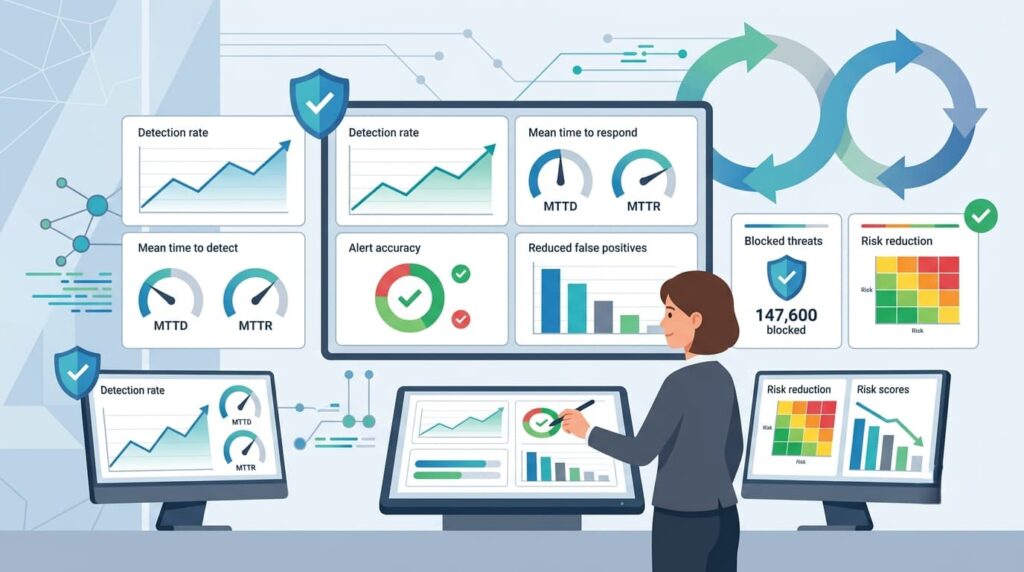 Dashboard metrics tracking converting intelligence actionable security controls for detection rate and risk reduction