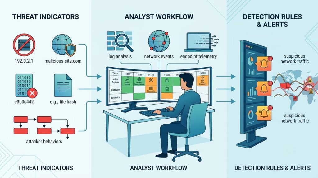 Analyst workflow for converting intelligence actionable security controls into detection rules and alerts