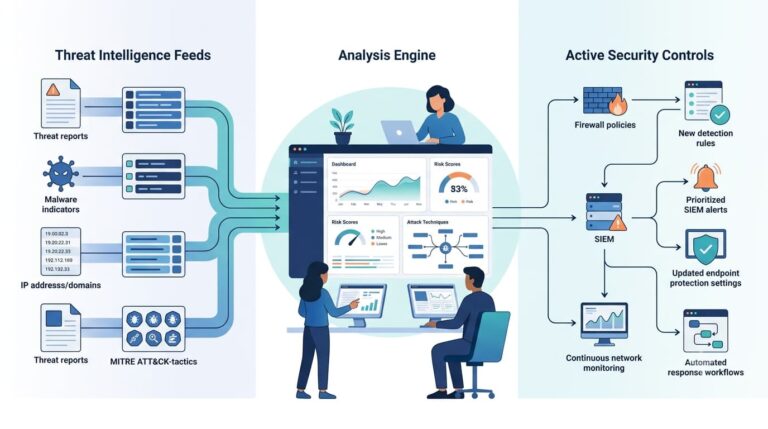 Workflow showing converting intelligence actionable security controls from threat feeds to firewalls and SIEM