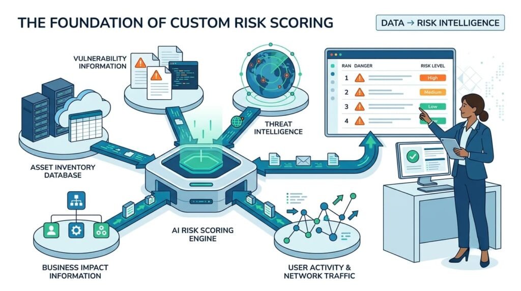 Diagram showing data sources feeding an AI engine used for developing custom risk scoring models.