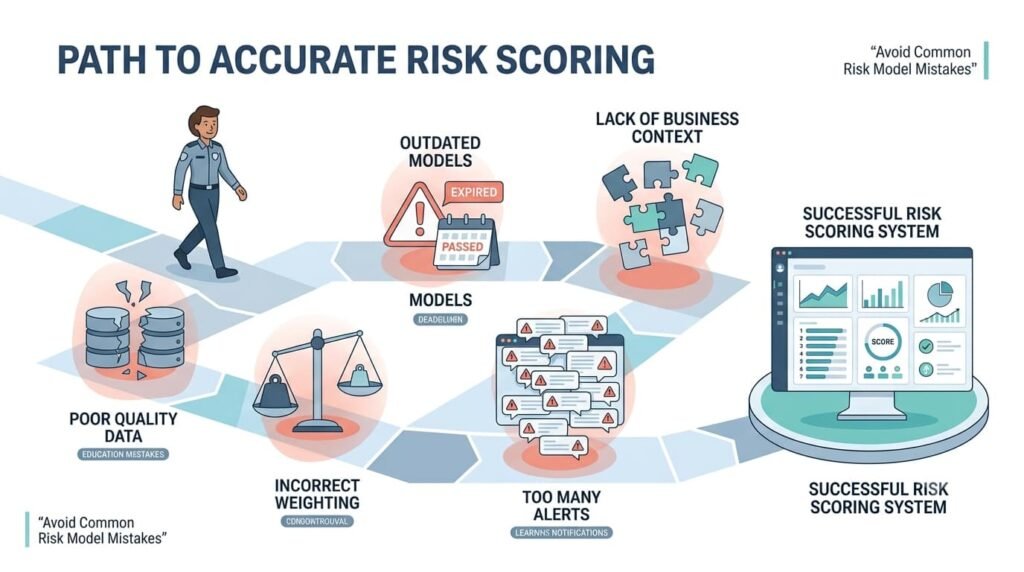 Illustration of common mistakes when developing custom risk scoring models, from poor data to alert fatigue.