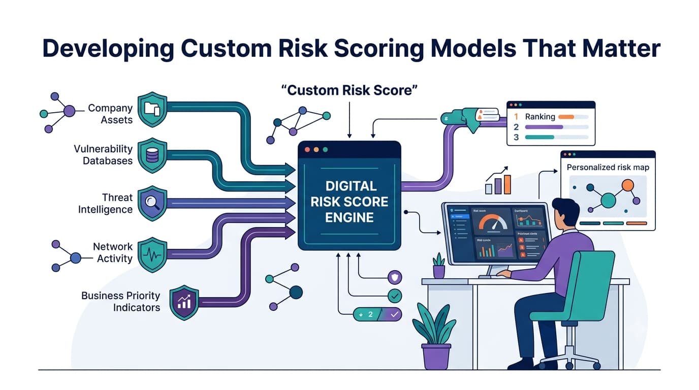 Workflow illustration of developing custom risk scoring models using assets, threats, and network activity data.