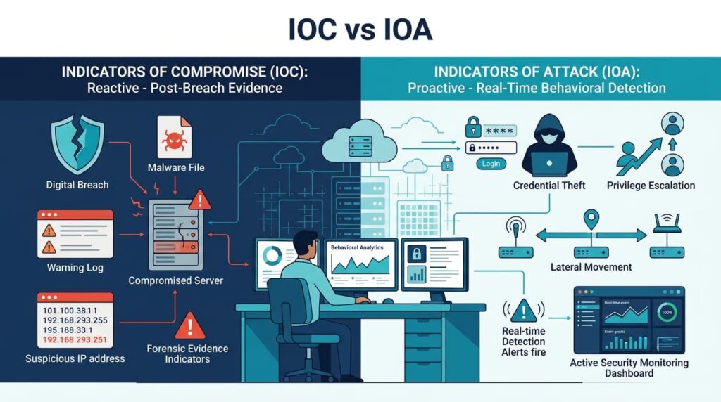 Split infographic illustrating the difference between ioc ioa indicators in cybersecurity detection.