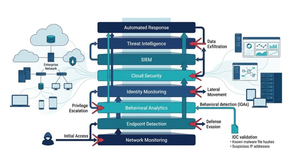 Security stack diagram showing the difference between ioc ioa indicators across detection layers.