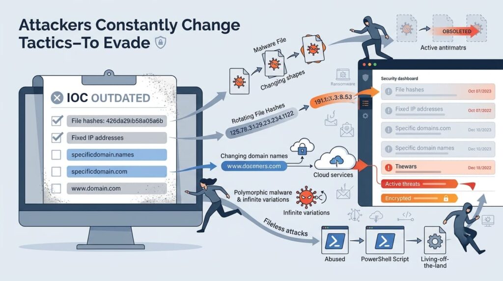 Graphic showing the difference between ioc ioa indicators as attackers evade outdated defenses.