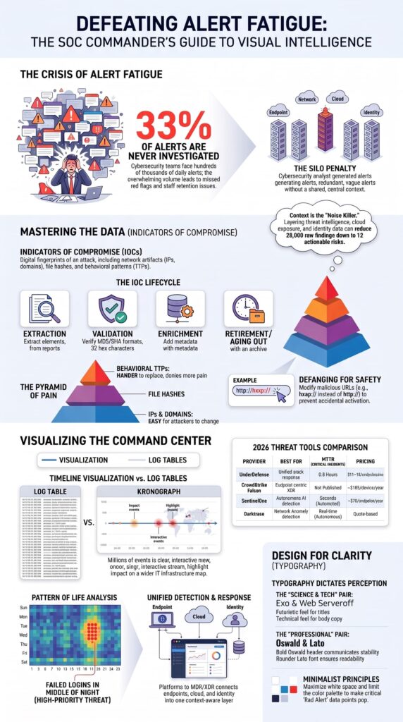 Infographic on the difference between ioc ioa indicators, covering alert fatigue and the pyramid of pain. 