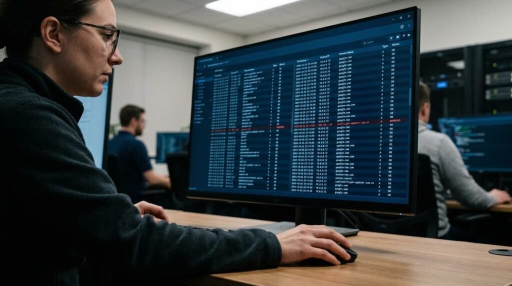 Analyst focused on identifying attacker activity network logs within suspicious DNS query records.