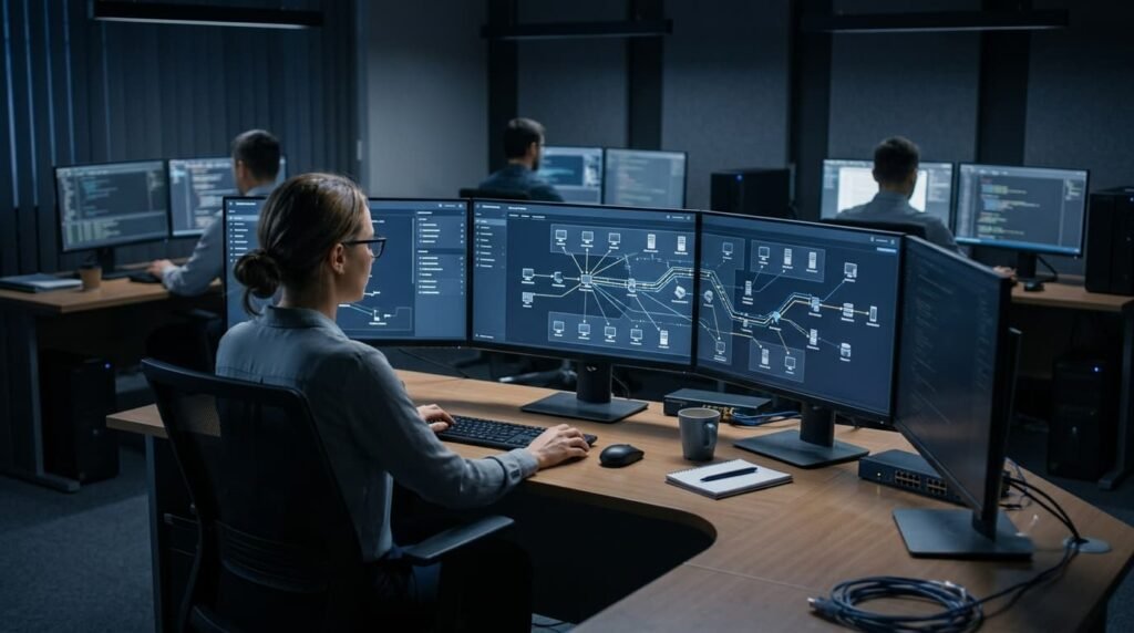 Security analyst identifying attacker activity network logs via network topology map on screen.