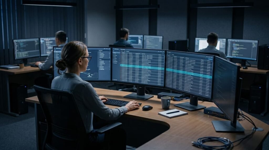 SOC analyst identifying attacker activity network logs by scanning data rows across multiple monitors.