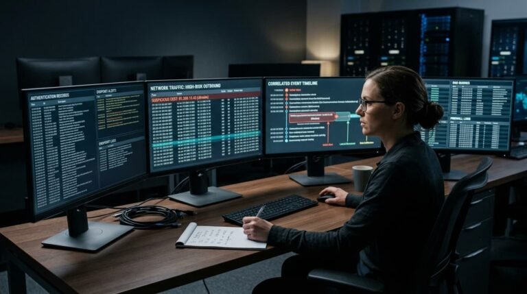 Analyst identifying attacker activity network logs using authentication, traffic, and correlated event dashboards.