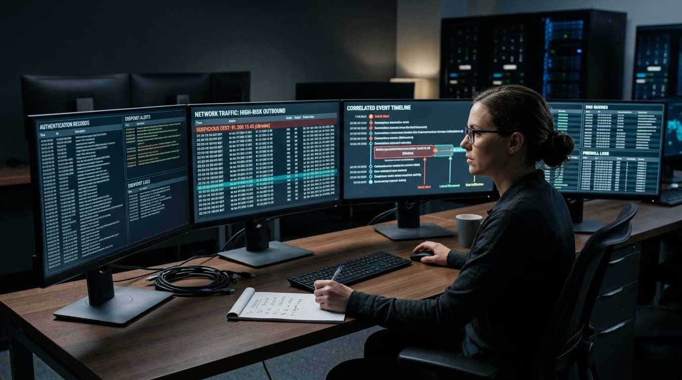 Analyst identifying attacker activity network logs using authentication, traffic, and correlated event dashboards.
