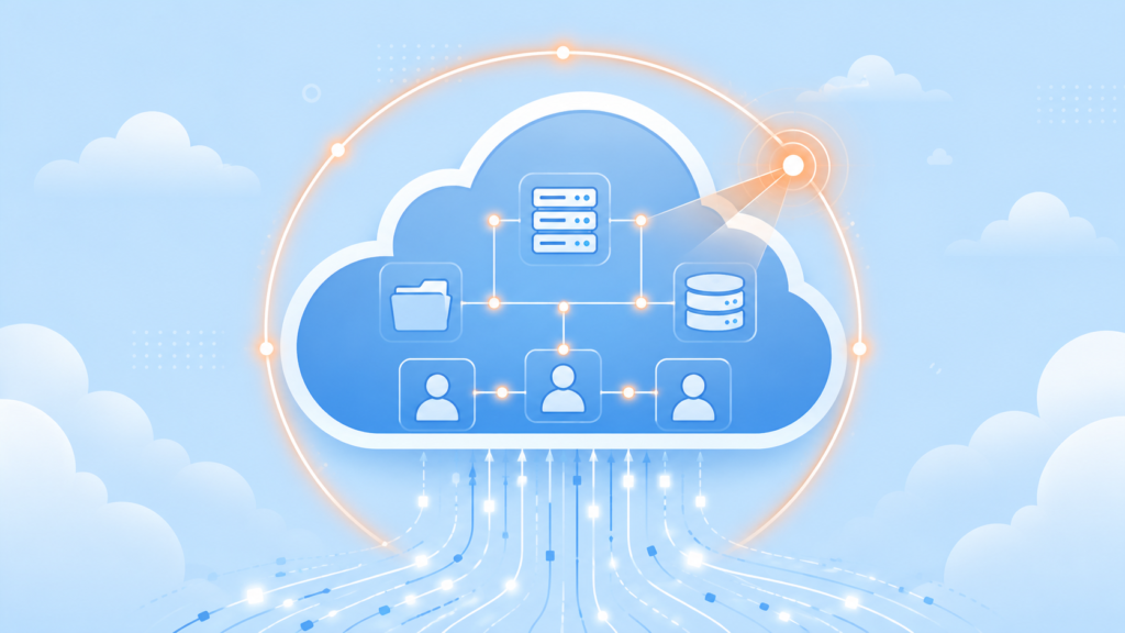 A geometric cloud icon surrounded by a glowing security radar ring tracking real-time data assets.