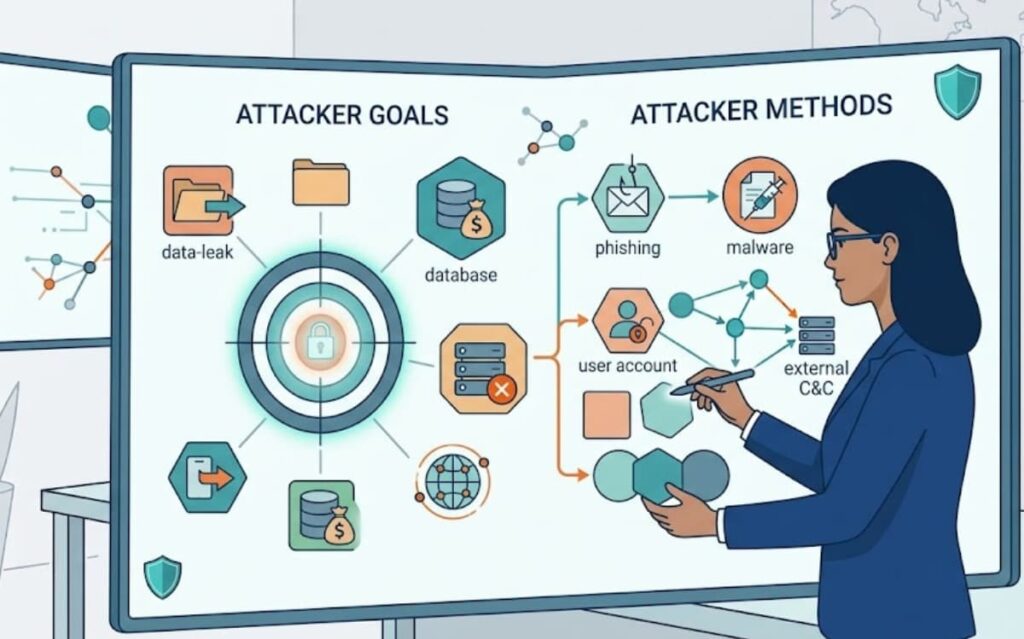 Analyst understanding mitre att&ck matrix tactics techniques by mapping goals to methods.